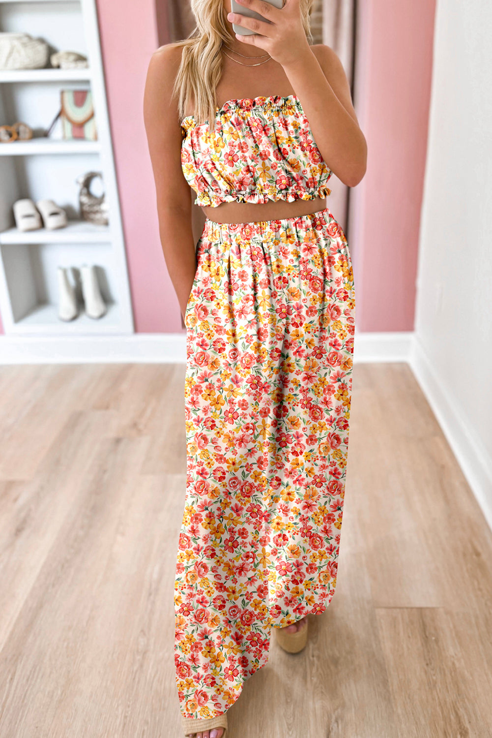 Pink Boho Floral Bandeau Top and High Waist Wide Leg Pants Set