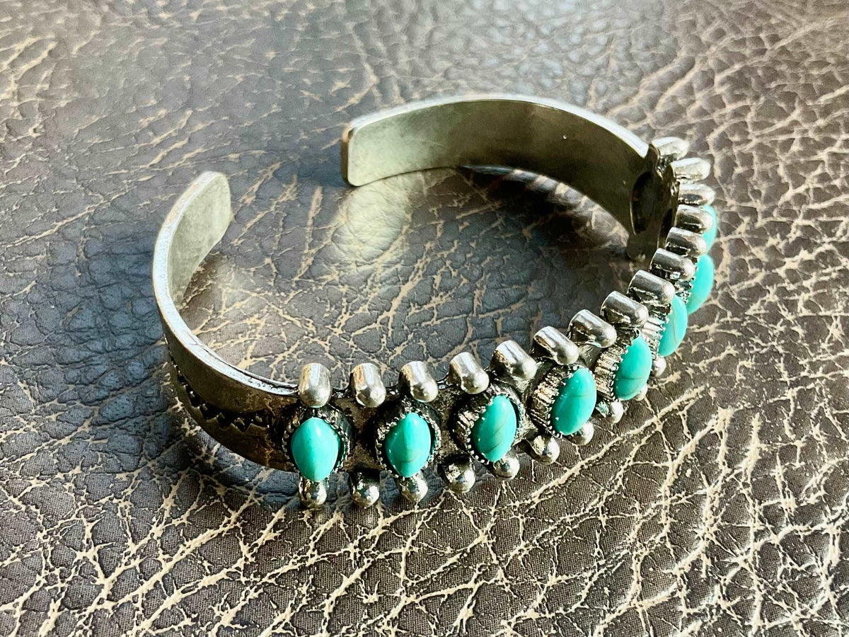 Light weight silver multi row turquoise stone bracelet with bohemian trim large bangle cuff jewelry