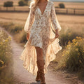 Women Clothing Bohemian V neck Irregular Asymmetric Hem Printed Long Sleeve Dress