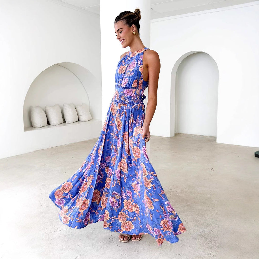Printed Halter Beach Bohemian High Waist Backless Floral Dress Women Clothing