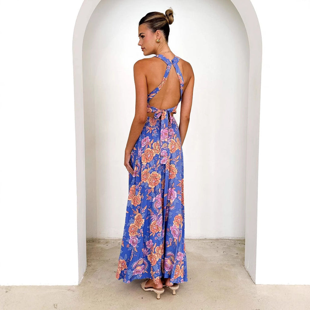 Printed Halter Beach Bohemian High Waist Backless Floral Dress Women Clothing